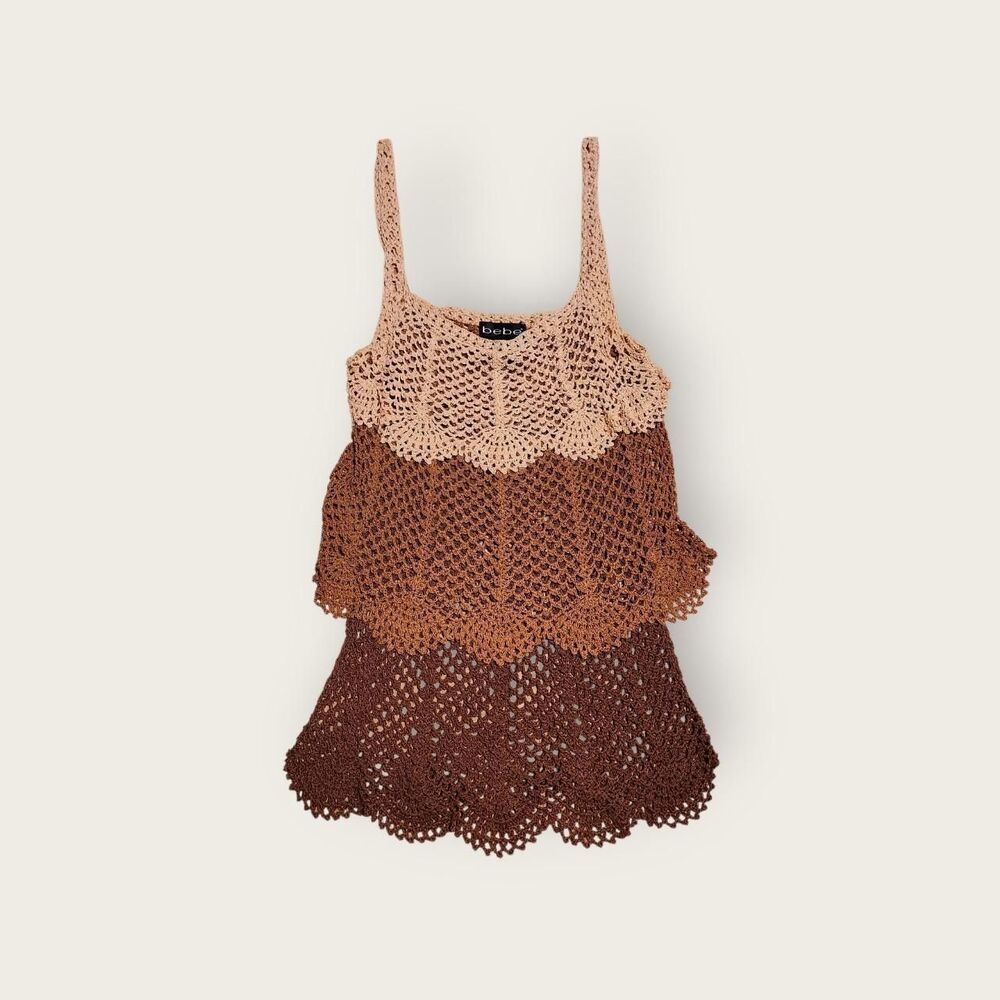 Vintage Y2k Bebe brown knit tiered see through boho festival tank top